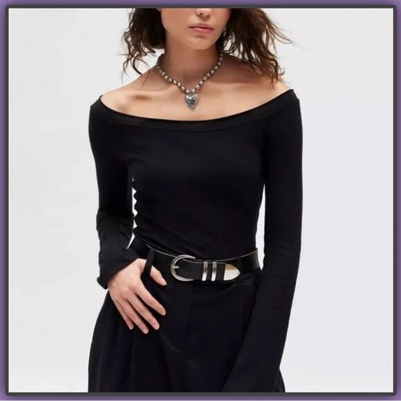 BDG Stella Boatneck Waffle knit Long Sleeve Tee Black - Picture 1 of 16